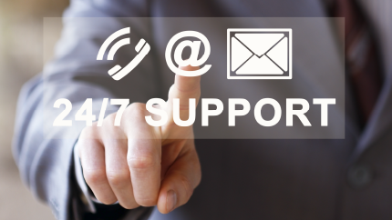 24/7 customer support graphic showing phone, email, and support icons indicating round-the-clock assistance